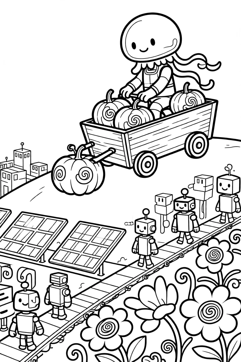Tumble, a glowing jellyfish-like alien creature steering a runaway wagon of space pumpkins down a hill, in a bustling robot city with conveyor-belt streets, with a row of solar panels catching the sunset and a garden of oversized glowing flowers nearby.