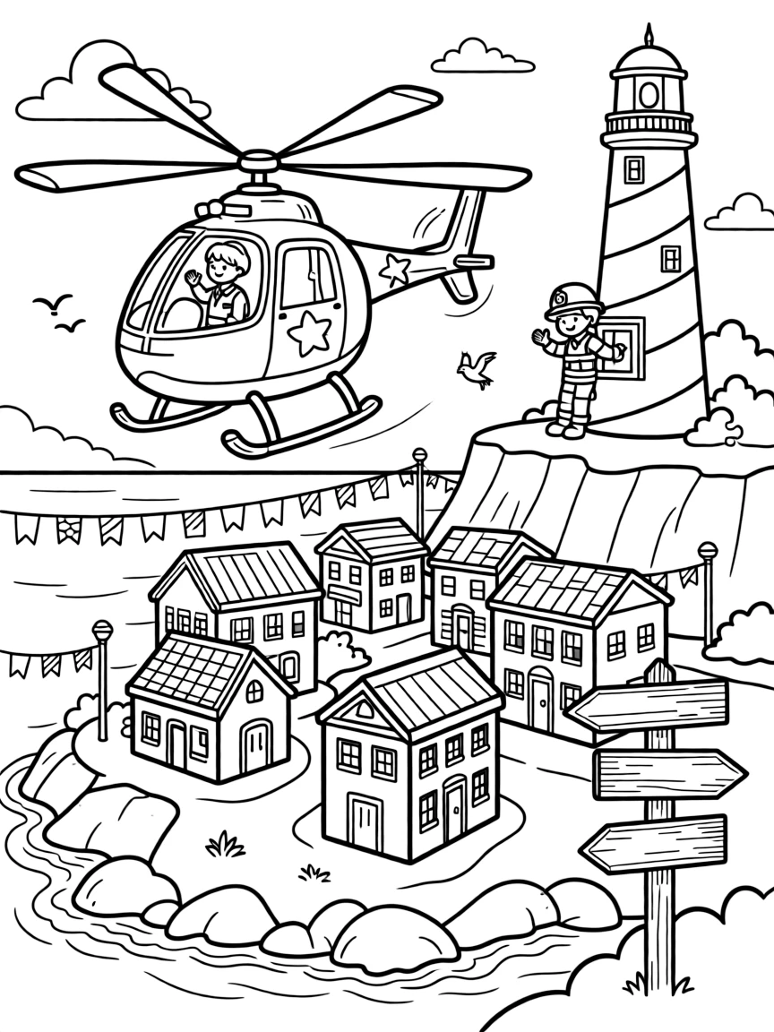 This page centers on a police helicopter circling above a city block exploring a rocky coastline with a striped lighthouse on the cliff, featuring a proud firefighter leaning out to wave and little extras like colorful flags fluttering from every corner and an old wooden signpost pointing to faraway towns.