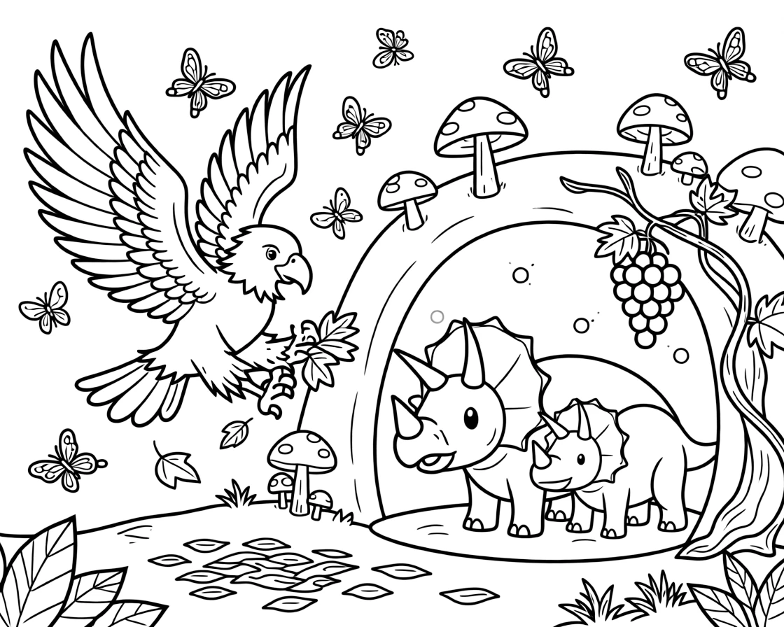A bald eagle helping gather fallen leaves with a triceratops family in a cave glowing with mushrooms, near a vine of grapes, surrounded by fluttering butterflies.