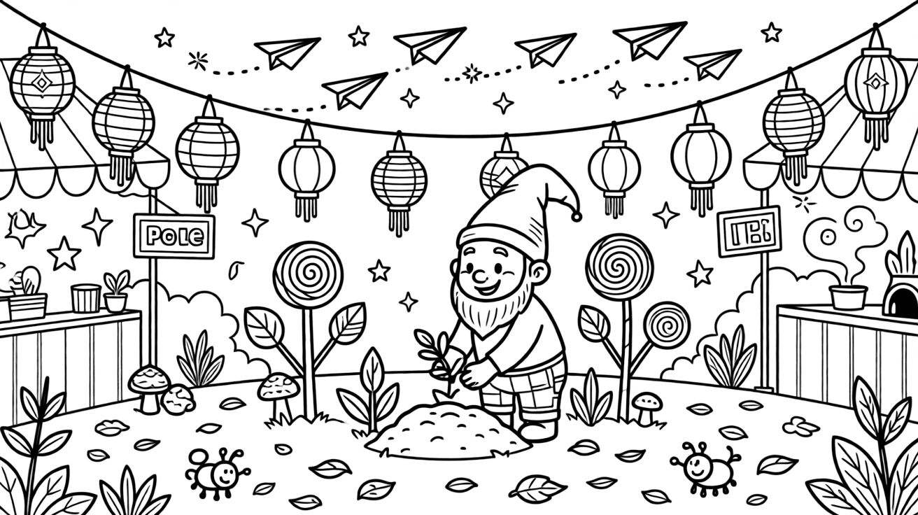 At a lively night market strung with paper lanterns, a jolly harvest gnome discovers the joy of planting seeds that grow into candy trees, while a flock of paper airplanes soaring overhead watches happily nearby. Little cheers of excitement fill the air.