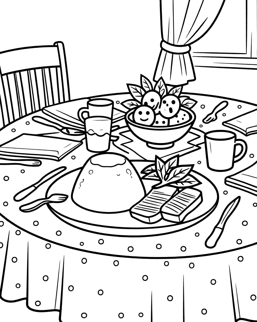 A coloring page of a cozy mealtime scene from Zimbabwe featuring a plate of sadza with grilled meat and leafy greens, arranged on a table with napkins, cups, and a cheerful centerpiece.