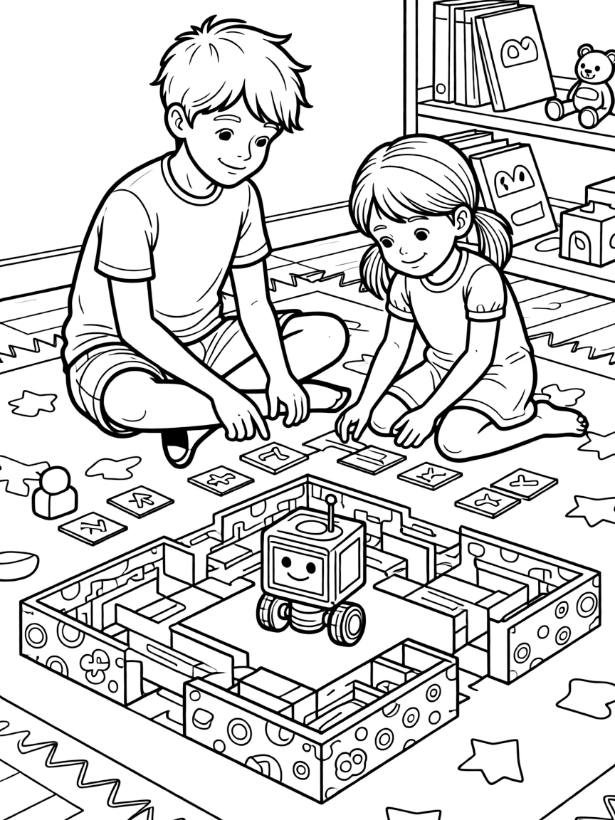 a thoughtful older brother and his little sister arranges arrow-shaped coding cards to guide a toy robot through a maze.