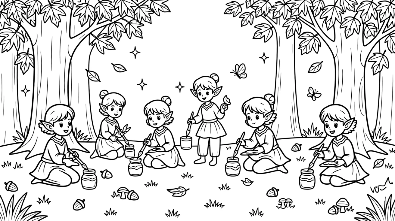 A group of forest sprites paint the autumn leaves red and gold using tiny brushes dipped in enchanted dew.