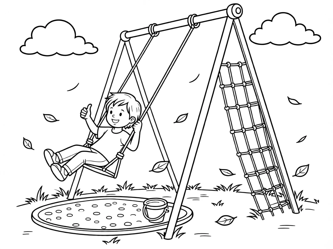 [Playgrounds] a child swinging high on a swing set swinging up toward the clouds beside a sandy play area, giving a confident thumbs-up, while a climbing net stretches across the structure fills the surrounding area. Playful motion adds energy to the scene. Set on a crisp autumn afternoon, with a light breeze blowing, the page bursts with adventure and imagination.