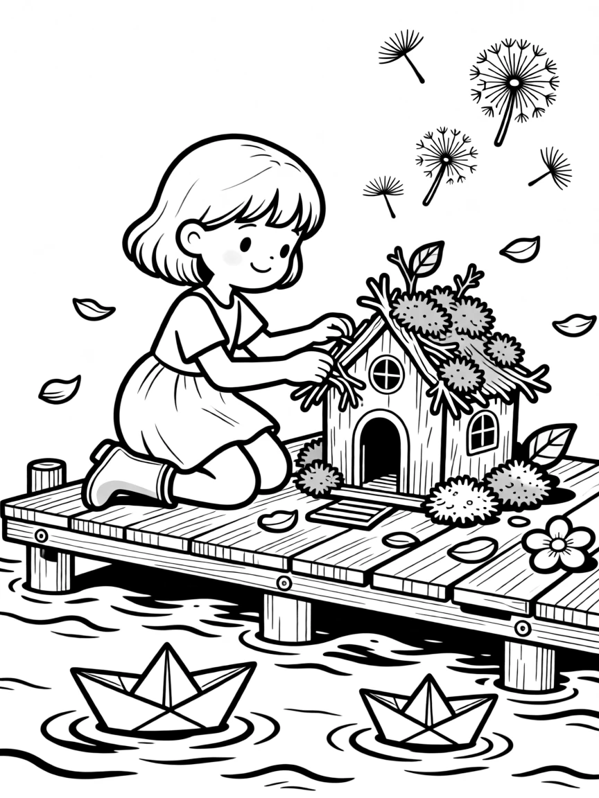A girl in colorful rain boots is building a fairy house out of twigs and moss on a riverside dock with paper boats floating by. floating dandelion seeds catching the light and scattered flower petals drifting in the breeze add a sprinkle of wonder to the moment.