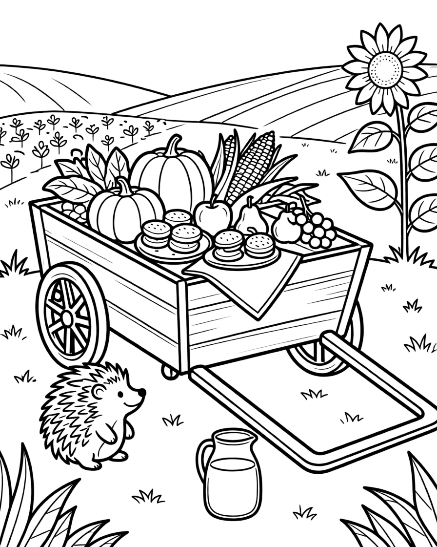 A table set with rice cakes and fresh fruit on a farm cart piled high with fresh harvest crops, while a plump little hedgehog looks on nearby, a jug of fresh apple cider and sunflowers nodding at the field's edge completing the scene.