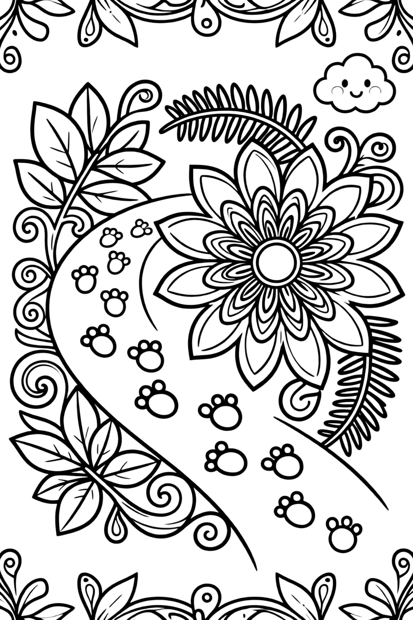 Dinosaurs & Prehistoric: The page presents a small themed scene built around a group of tiny dinosaur footprints forming a trail, tied together by a blooming flower-shaped mandala with layered petal rings. The scene is positioned in the middle of a balanced layout, with smaller matching details arranged above and below. Decorative details fill the surrounding space, including layered leaf clusters, curling paisley teardrops, and curling fern-frond shapes woven throughout the background. A playful extra touch completes the page: a small round cloud with a friendly face tucked into a corner.