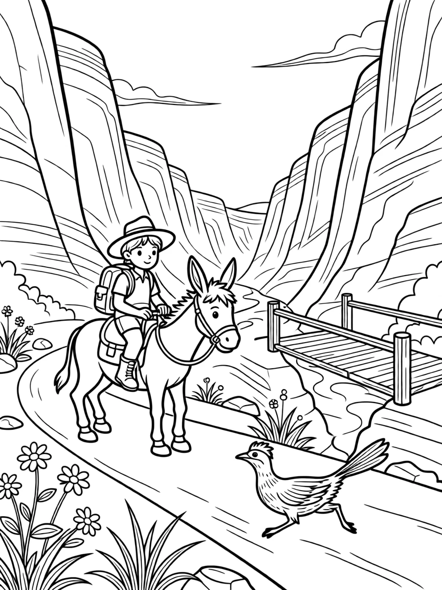 [Canyon Trails] A young explorer rides a friendly donkey along a winding trail deep within a red rock canyon. A roadrunner darts across the trail past a cluster of wildflowers growing between rocks. A narrow wooden bridge crosses a rocky gap between two towering canyon walls. A warm breeze drifts through the canyon beneath a wide, clear blue sky.