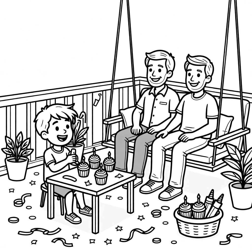 An energetic boy decorating cupcakes with two dads on a porch swing with confetti scattered on the ground.