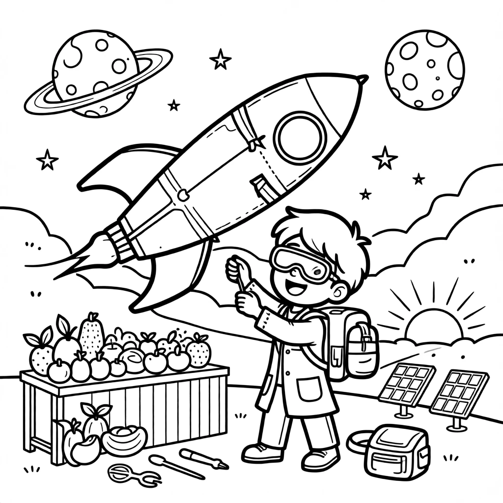 Inventor kid Miko testing a jetpack backpack assembling a giant kite shaped like a rocket for the sky festival near a hidden valley on a distant planet ringed by twin moons, surrounded by a busy market stall selling glowing fruit and a row of solar panels catching the sunset.