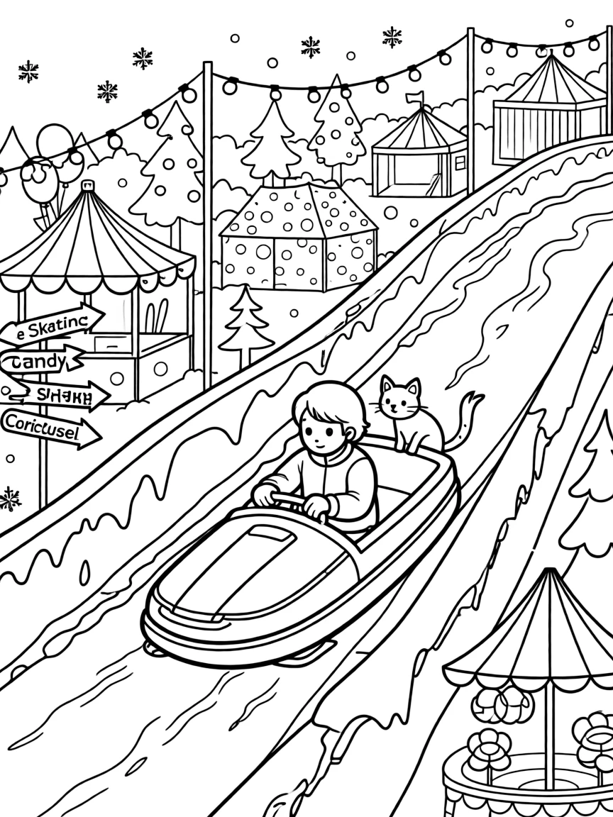 A luge sled racing feet-first down an icy chute is shown journeying through a festival ground lit up with strings of colorful lights, with a curious cat perched on the hood close by and road signs pointing toward fun destinations completing the lively scene.