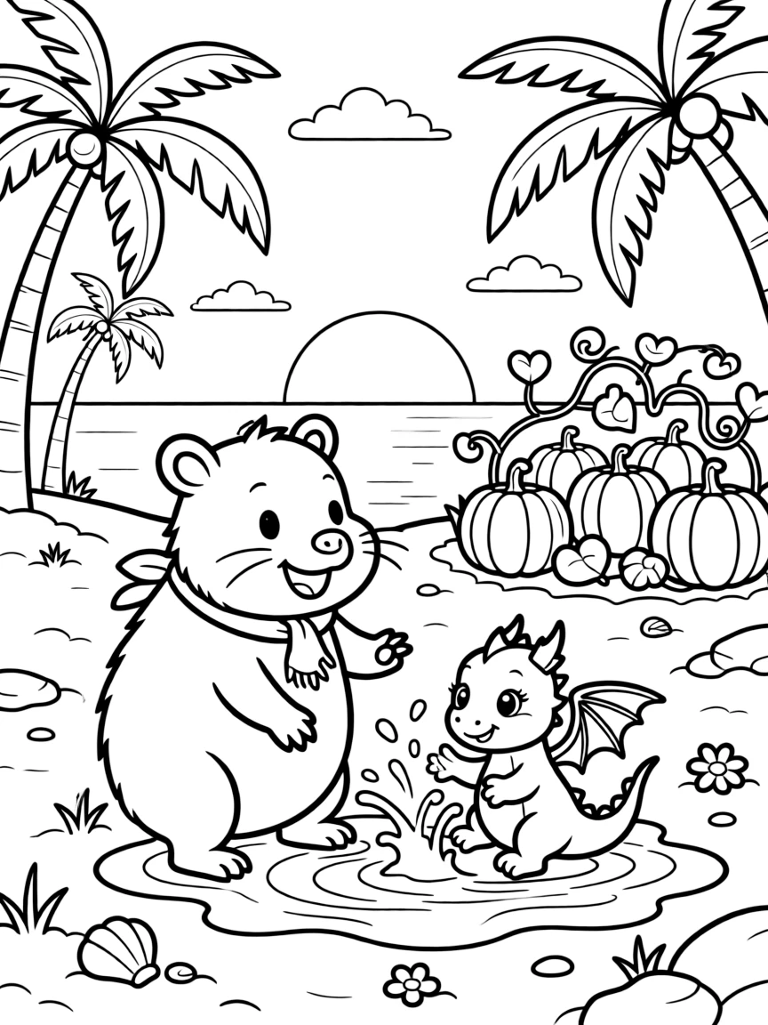 A wombat splashing happily in a puddle with a baby dragon on a tropical beach at sunset, near a pumpkin patch.
