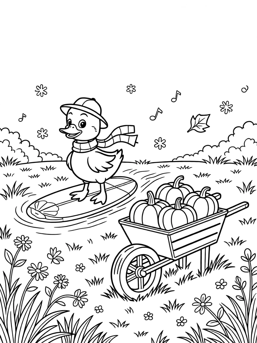 A proud duckling explorer takes a break from adventures to try riding a wave on a surfboard shaped like a shell in a meadow during the first snowfall of winter, with a wheelbarrow full of freshly picked pumpkins close behind. A gentle breeze carries the sound of joyful laughter.
