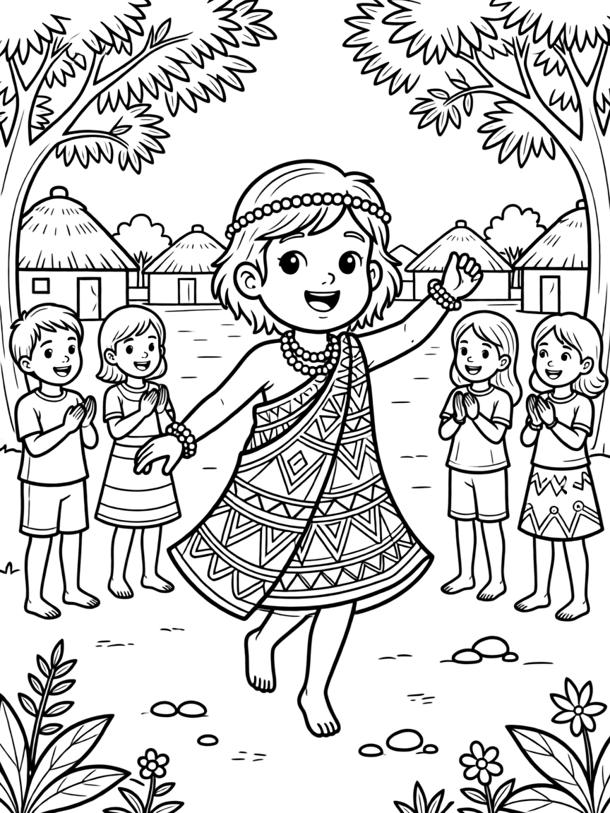 A coloring page from Zimbabwe showing a child wearing a bright patterned wrap and beaded jewelry, twirling happily in a village square while friends look on and clap.