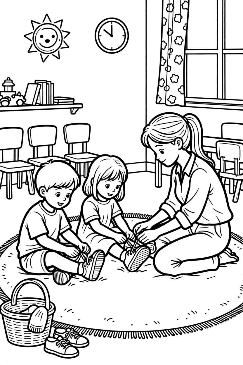 a bright-eyed pair of best friends practices tying shoelaces with a patient teacher during morning circle.