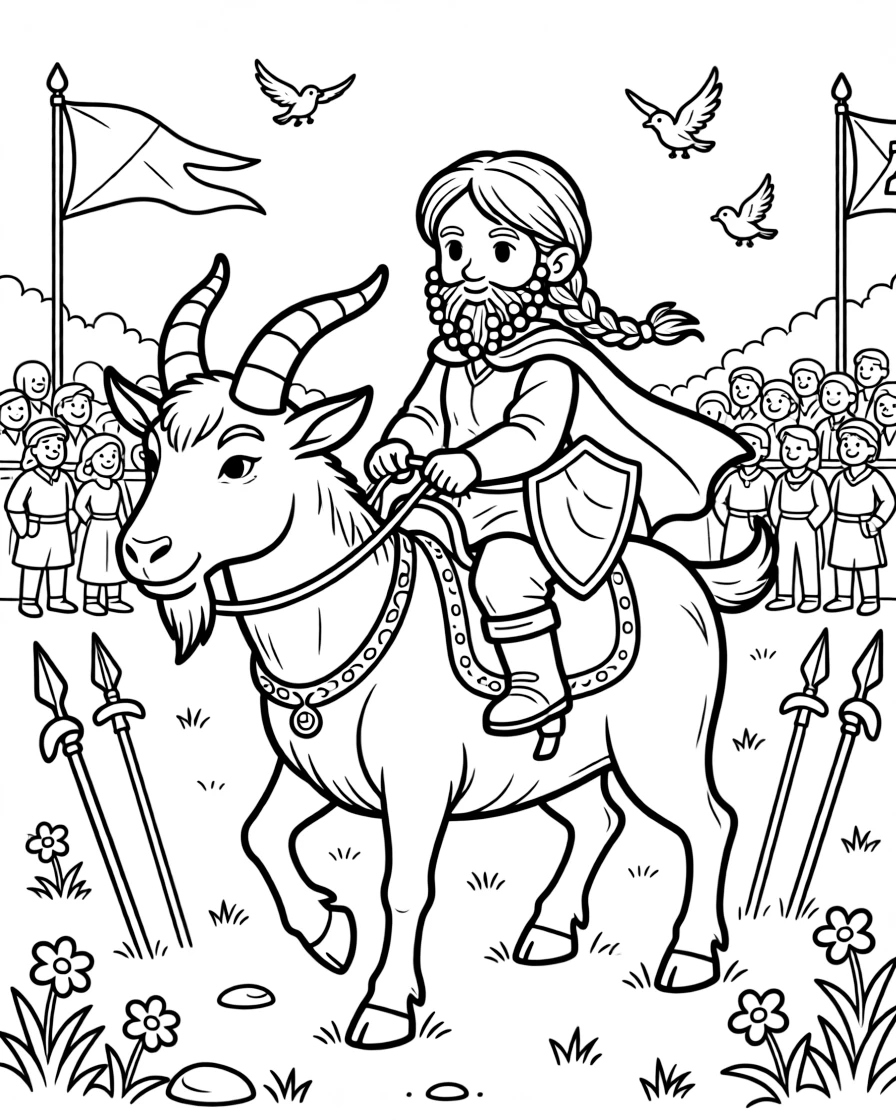 A dwarf princess rides a war-goat into a friendly jousting tournament, her braided beard adorned with tiny silver beads.