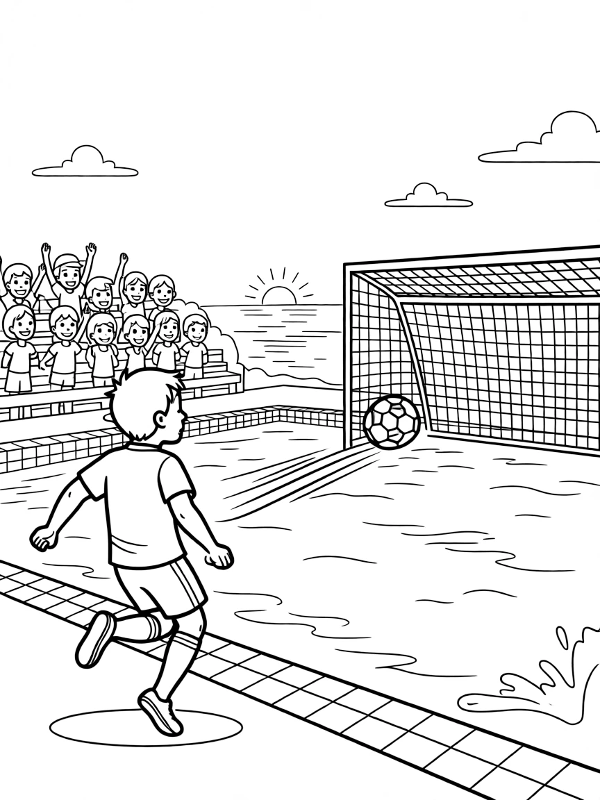 [Sports] A dynamic scene shows a young soccer player kicking the ball toward the goal in a swimming pool, smiling proudly. Close by, a crowd fills the stands. A ball flies through the air mid-motion. The moment unfolds at sunset, with heat waves shimmering in the distance, filled with energetic detail perfect for a young colorist.