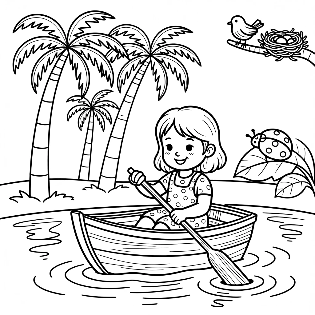 A girl painter with a smock covered in colorful splotches is rowing a little wooden boat across calm water at a desert oasis ringed with palm trees. Just beyond, a curious ladybug resting on a leaf and a tiny bird's nest tucked in a nearby branch complete the joyful scene.