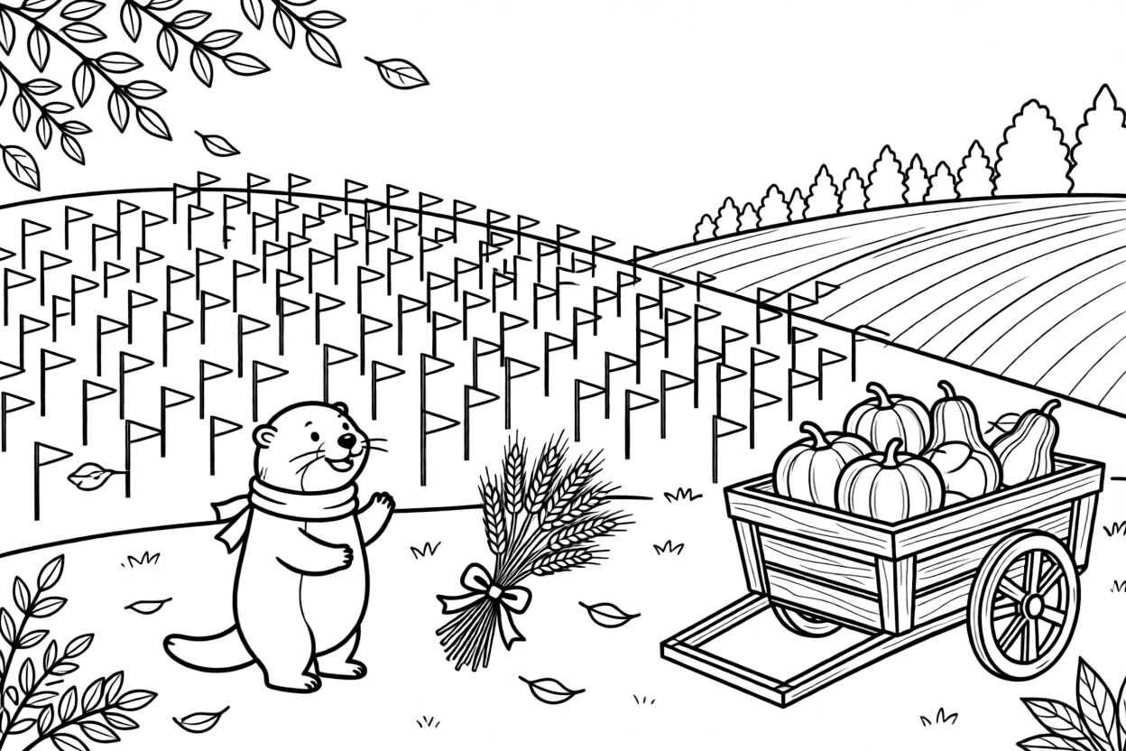 A playful otter admiring a field of small flags planted in neat rows on a hillside overlooking a valley of changing leaves, near a bundle of golden wheat stalks and a wagon full of gourds.