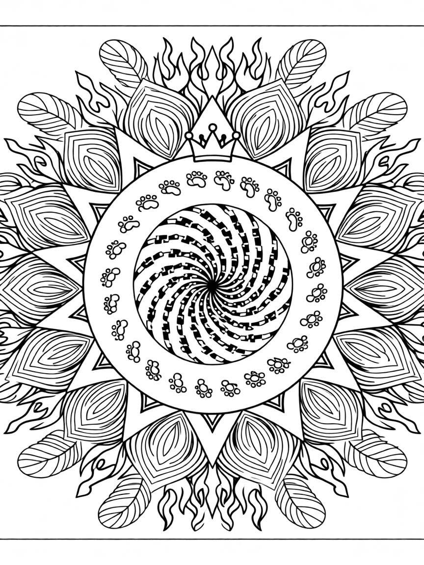 Dinosaurs & Prehistoric: The design turns a group of tiny dinosaur footprints forming a trail into a kaleidoscope-style composition anchored by a spiral mandala that winds gently from center to edge. The imagery is multiplied into a circular burst of matching pieces that rotate evenly around the page's center point. Decorative details fill the surrounding space, including flame-shaped tips curling upward, nested triangle shapes, and fanned feather plumes woven throughout the background. A playful extra touch completes the page: a small crown resting just above the center of the design.