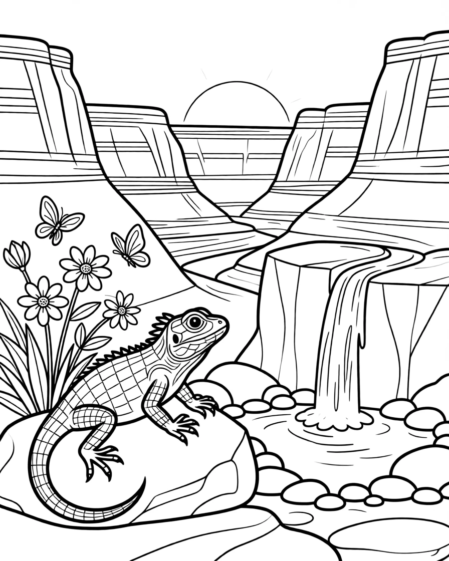 [Canyon Trails] A curious lizard suns itself on a warm rock overlooking a dramatic canyon vista. Butterflies drift along the canyon rim near a patch of hardy desert blooms. A small waterfall trickles down the canyon wall into a pool ringed with smooth stones. The canyon glows deep orange as the sun sets behind the layered rock walls.