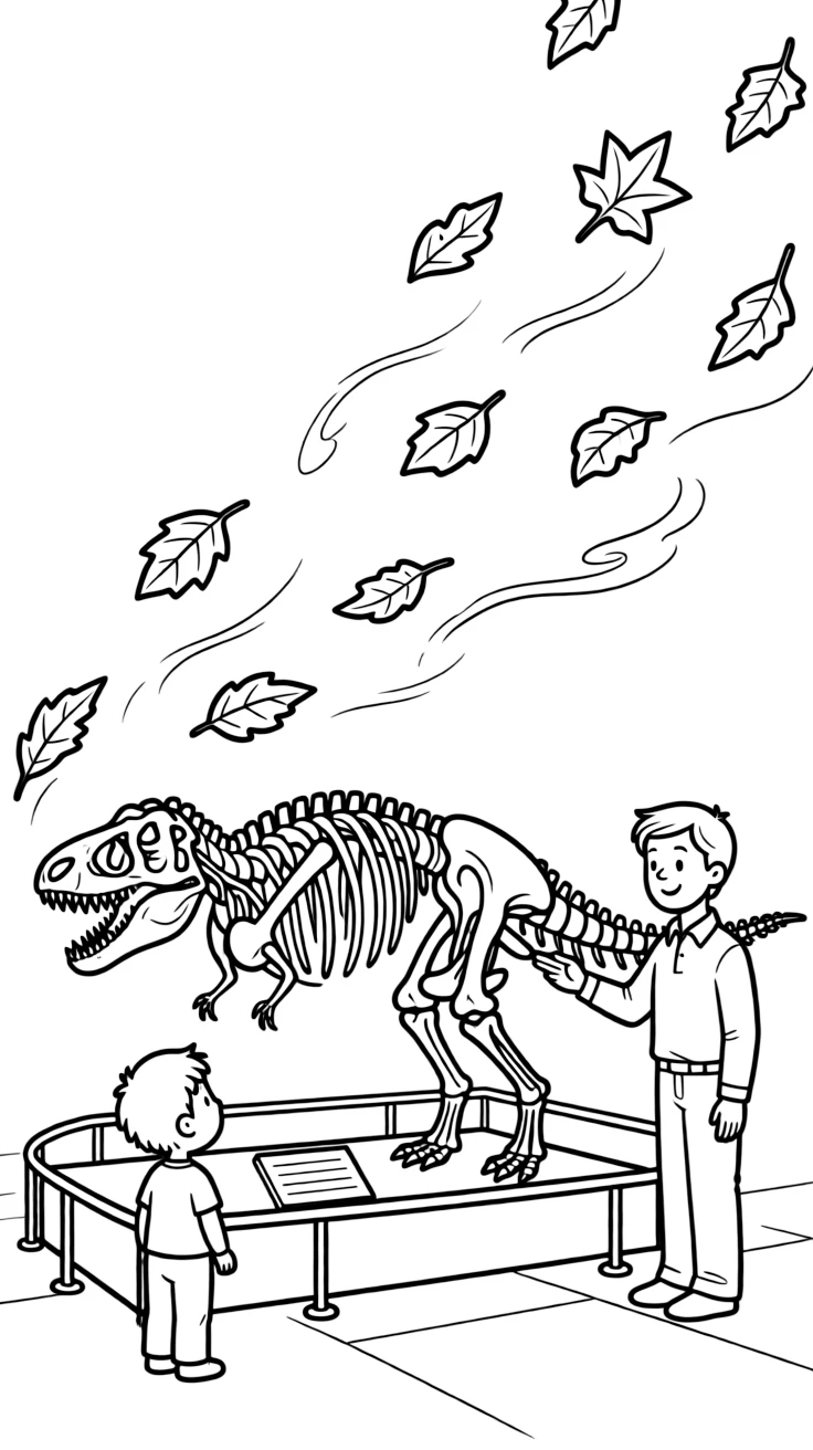 A shy toddler looking at dinosaur bones with a museum guide as fallen leaves swirl in the breeze.