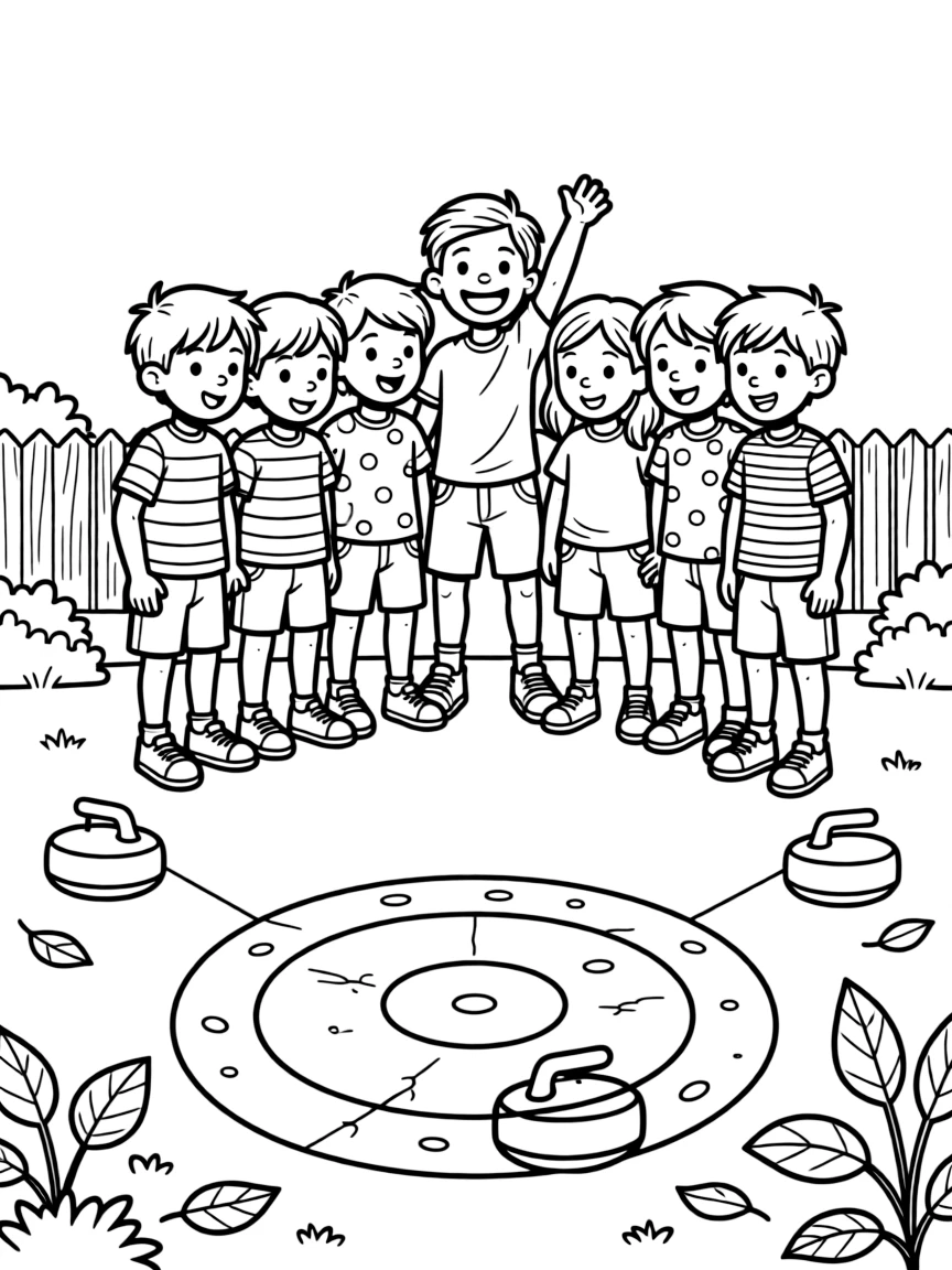 A team of neighborhood kids, celebrating a perfect shot that knocks an opponent's stone out of the circle.