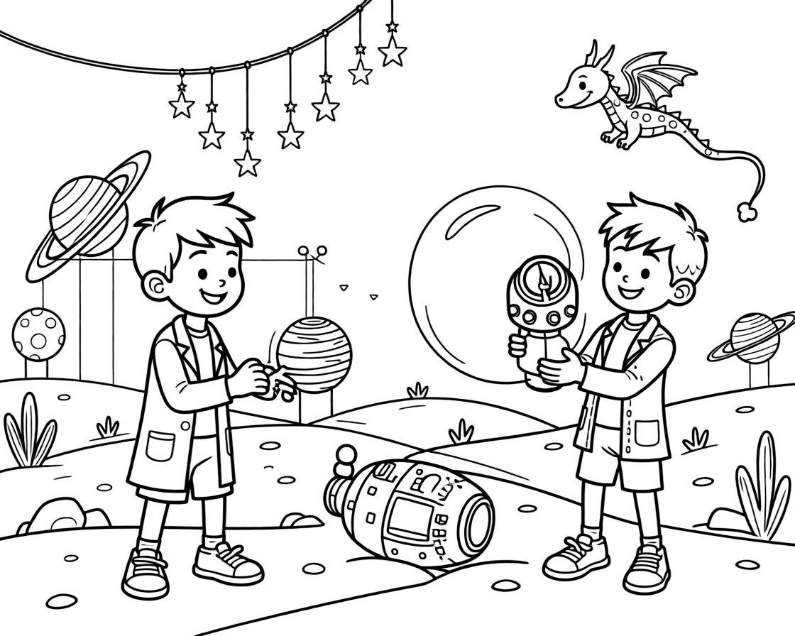Inventor kid Rex testing a bubble-shield generator exploring a shipwrecked space capsule buried in sand dunes in a floating amusement park with rides shaped like planets, as a wind chime made of tiny metal stars and a kite shaped like a friendly dragon flying overhead fill the scene.
