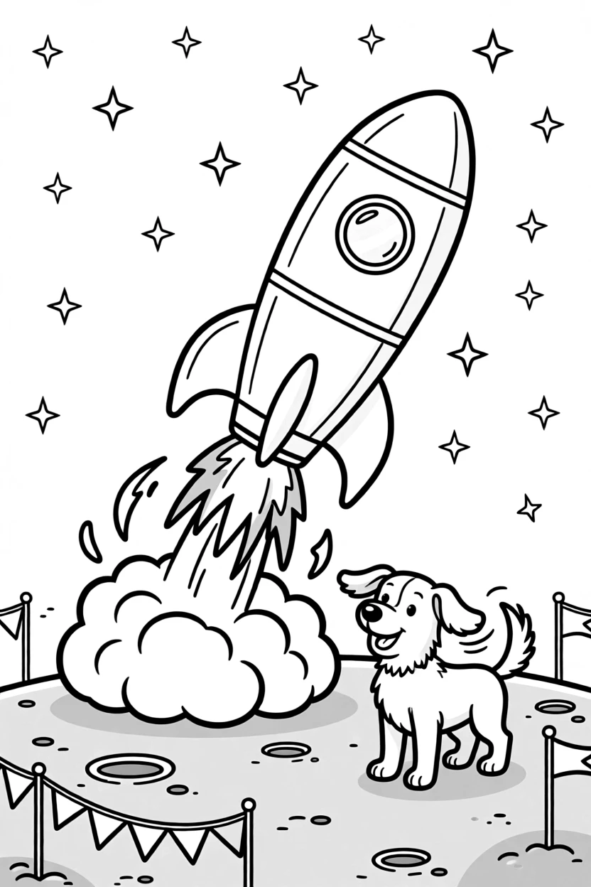 The scene captures a towering rocket ship blasting off in a cloud of fire in the middle of the dusty gray surface of the moon under a starry sky, with a friendly dog with its ears flapping in the wind nearby and colorful flags fluttering from every corner sprinkled around for extra fun.
