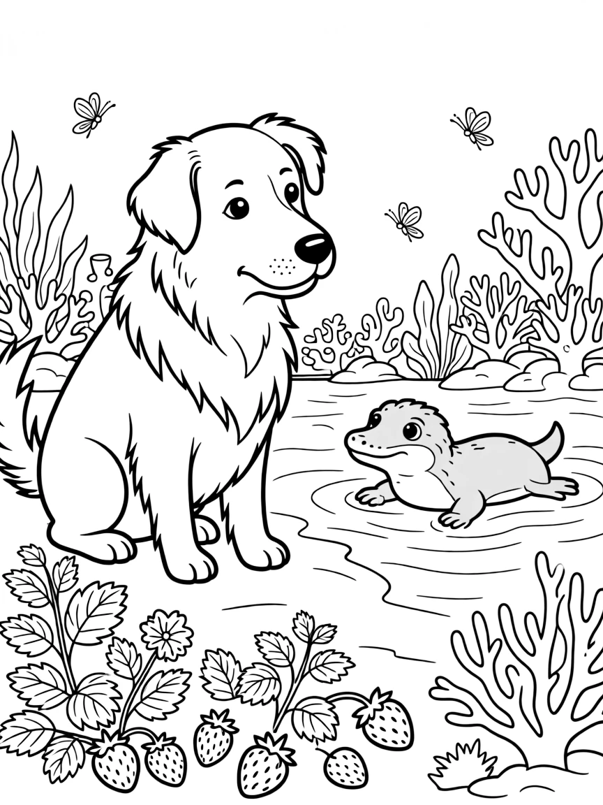 A sheepdog watching fireflies light up with a platypus in a coral reef, near a patch of wild strawberries, with ripe berries scattered on the ground.
