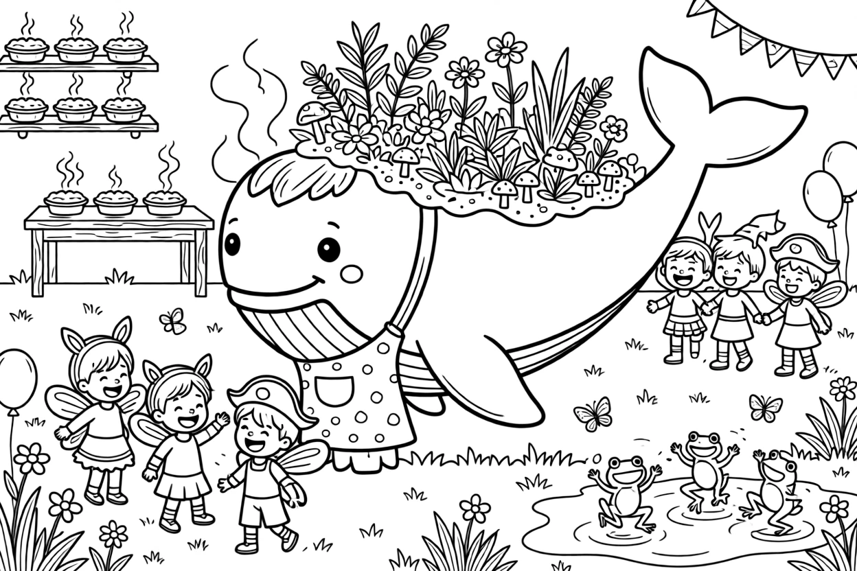 In a cozy kitchen filled with steaming pies, a bold whale with a garden on its back discovers the joy of hosting a costume party in the backyard, while a puddle full of jumping frogs watches happily nearby. Everyone is laughing and having the best time.