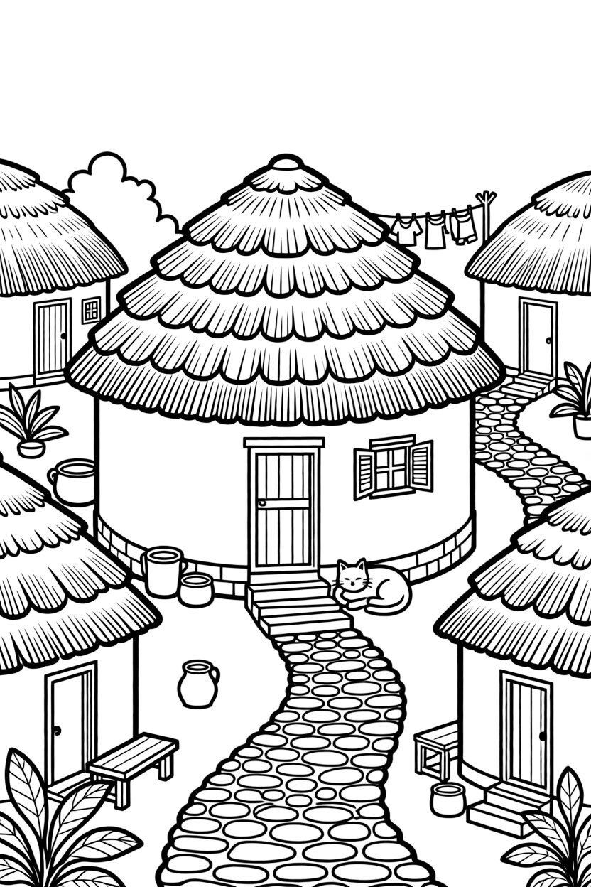 A coloring page from Zimbabwe showing a round hut with a thatched roof in a rural village, surrounded by neighboring buildings, a cobblestone path, and a friendly cat resting on a step.