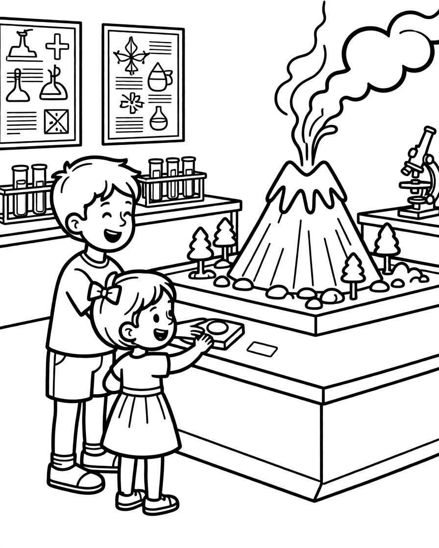 a proud older brother and his little sister presses a button to make a model volcano light up in a science center display.