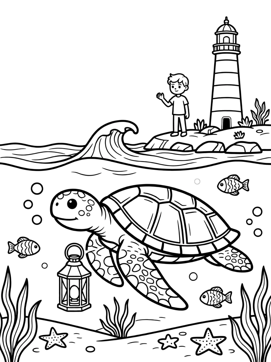 A sea turtle carries a lighthouse keeper's lost lantern back to shore, glowing softly beneath the waves.