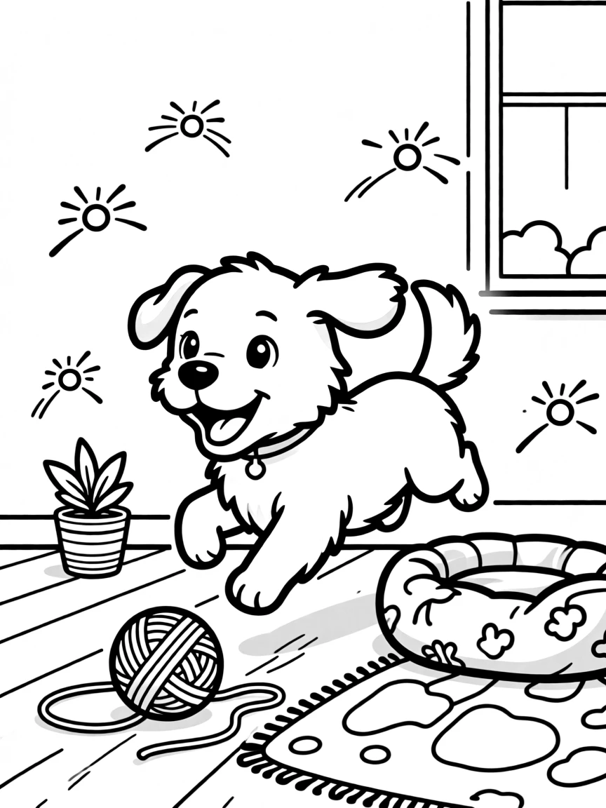 [Pets] a playful puppy chasing a bouncing ball beside a favorite pet bed. In the background, a ball of yarn rolls across the room, adding extra fun to explore. Soft fur textures invite plenty of coloring detail. It all happens at sunset, with fireflies beginning to glow.