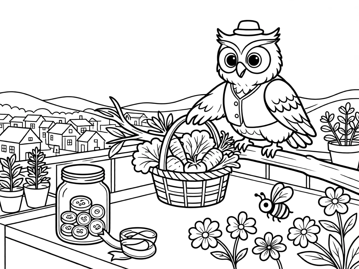 A wise little owl perched on a branch is harvesting fresh vegetables into a garden basket on a rooftop garden overlooking a small town. Close by, a jar of colorful buttons and ribbons and a curious bumblebee buzzing among the blooms round out the happy picture.
