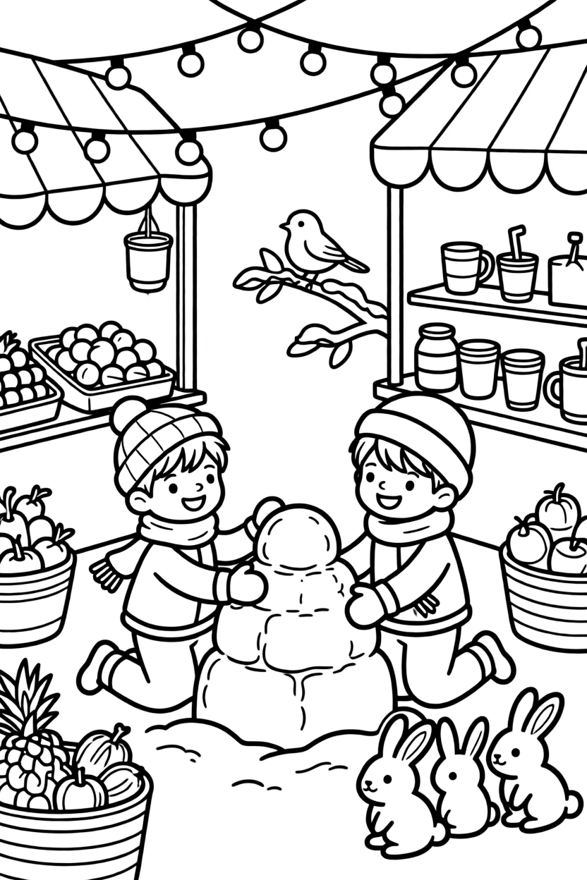 Children building a snow fort together in a bustling indoor market glowing with warm lights, with a robin perched on a snowy branch and a family of snow-covered rabbits nearby.