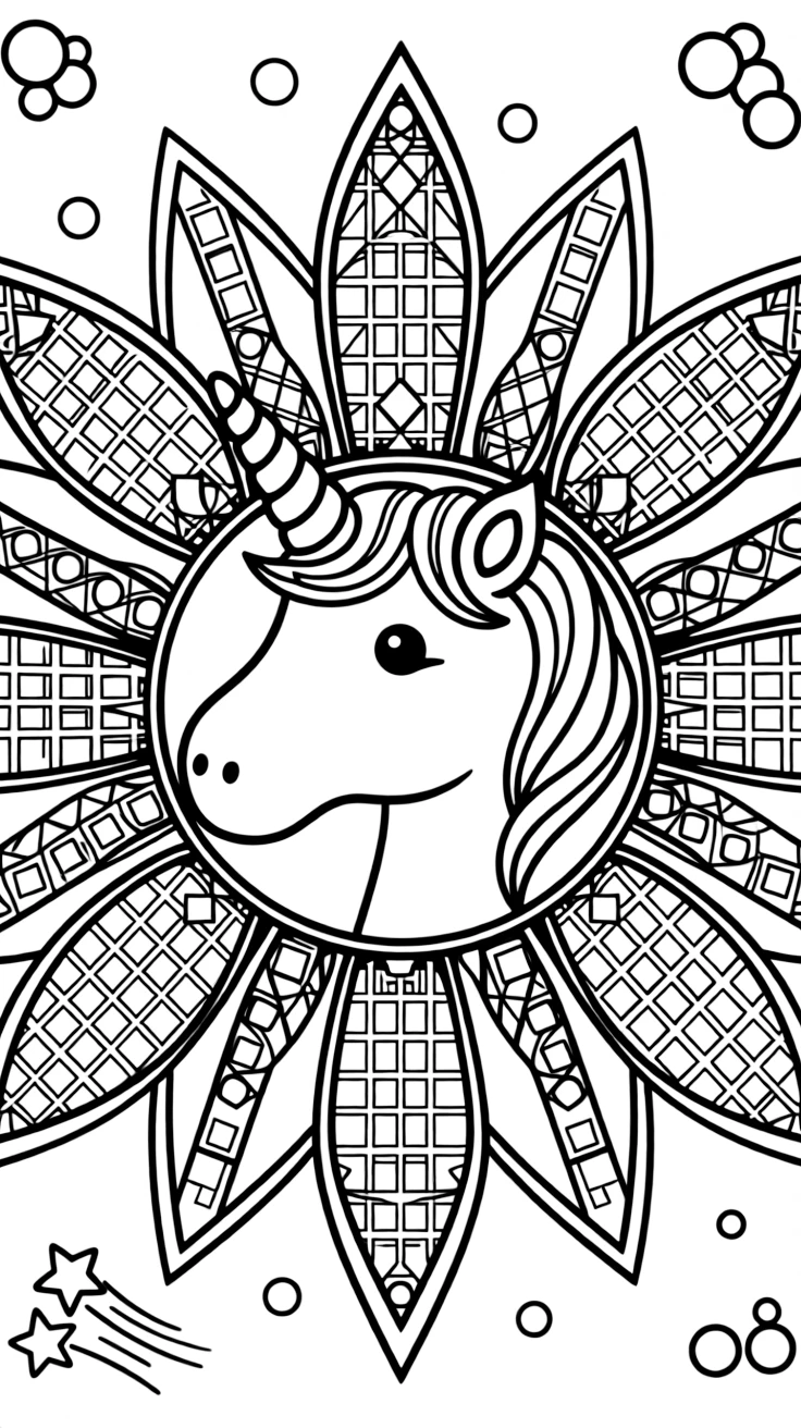 Mythical & Fantasy Creatures: The main subject is a unicorn with a spiraled horn and flowing mane, drawn as the focal point of a sunburst mandala with rays spreading evenly outward. It is set at the core of the page, with the pattern unfolding outward in eight matching symmetrical segments. Decorative details fill the surrounding space, including rows of small square tiles, a grid of lattice diamonds, and clusters of round bubbles woven throughout the background. A playful extra touch completes the page: a small cluster of shooting stars tucked into one corner.