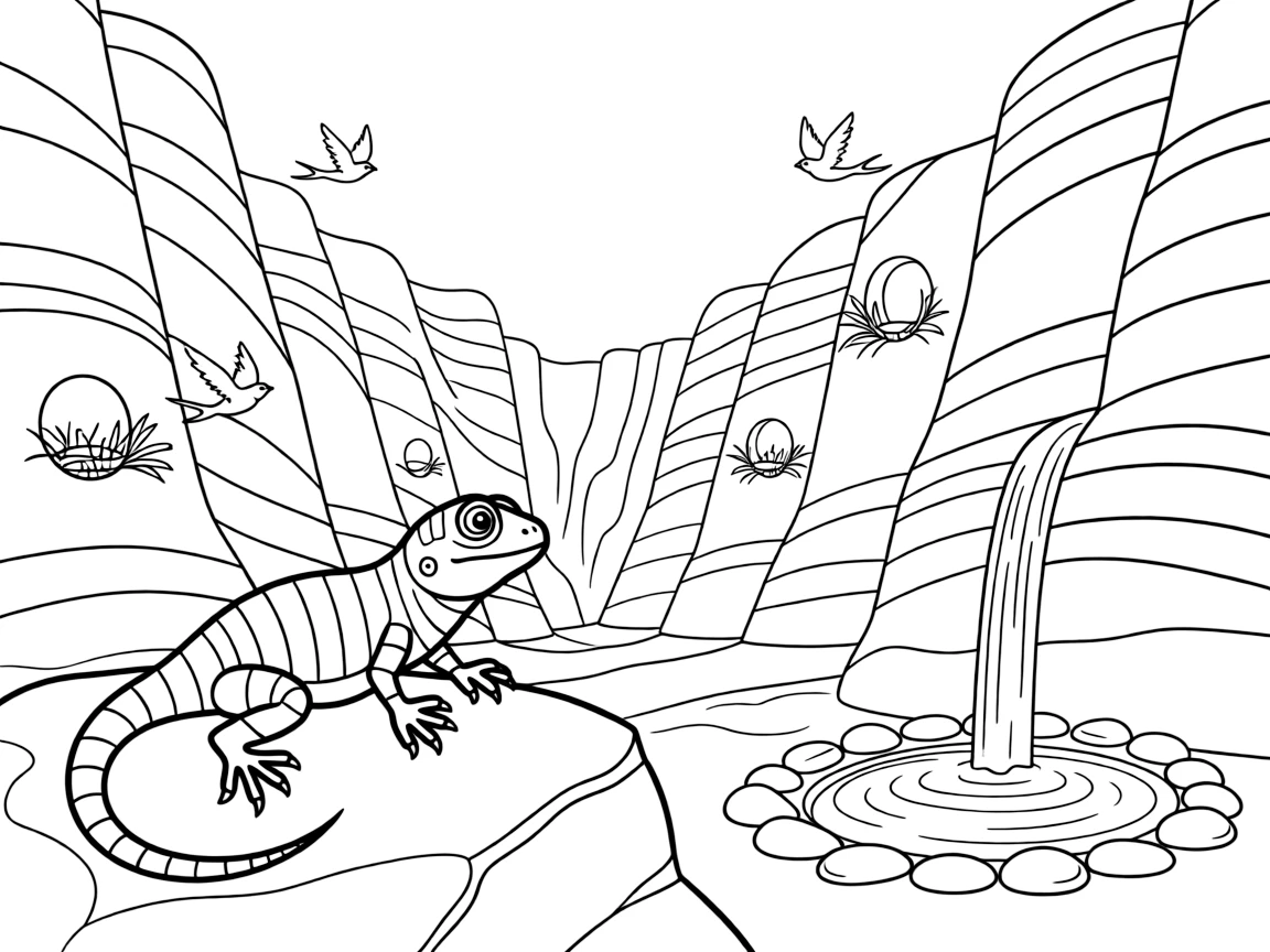 [Canyon Trails] A curious lizard suns itself on a warm rock overlooking a dramatic canyon vista. Swallows dart in and out of small holes in the canyon walls, building their nests. A small waterfall trickles down the canyon wall into a pool ringed with smooth stones. Bright sunlight illuminates the striped canyon walls beneath a nearly cloudless sky.