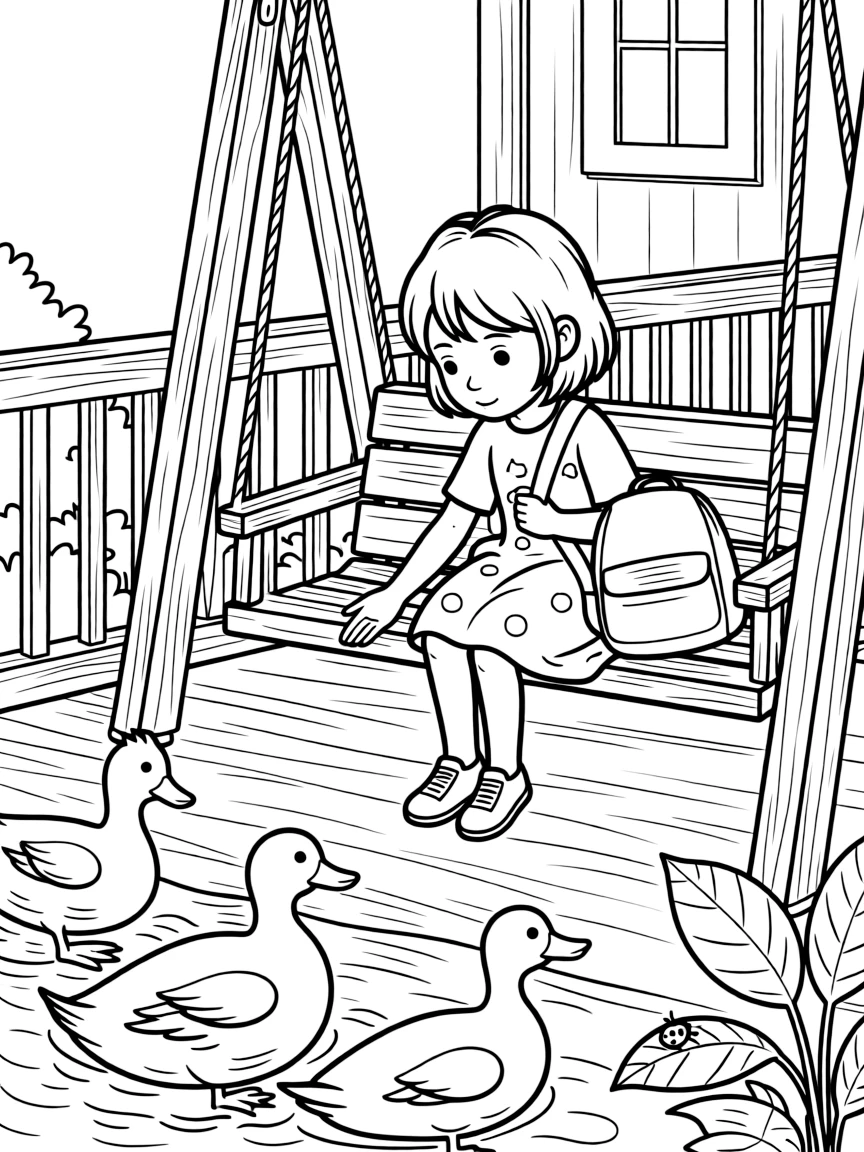 A girl with a backpack feeding ducks alone on a porch swing, deeply focused, as a ladybug crawls on a leaf.