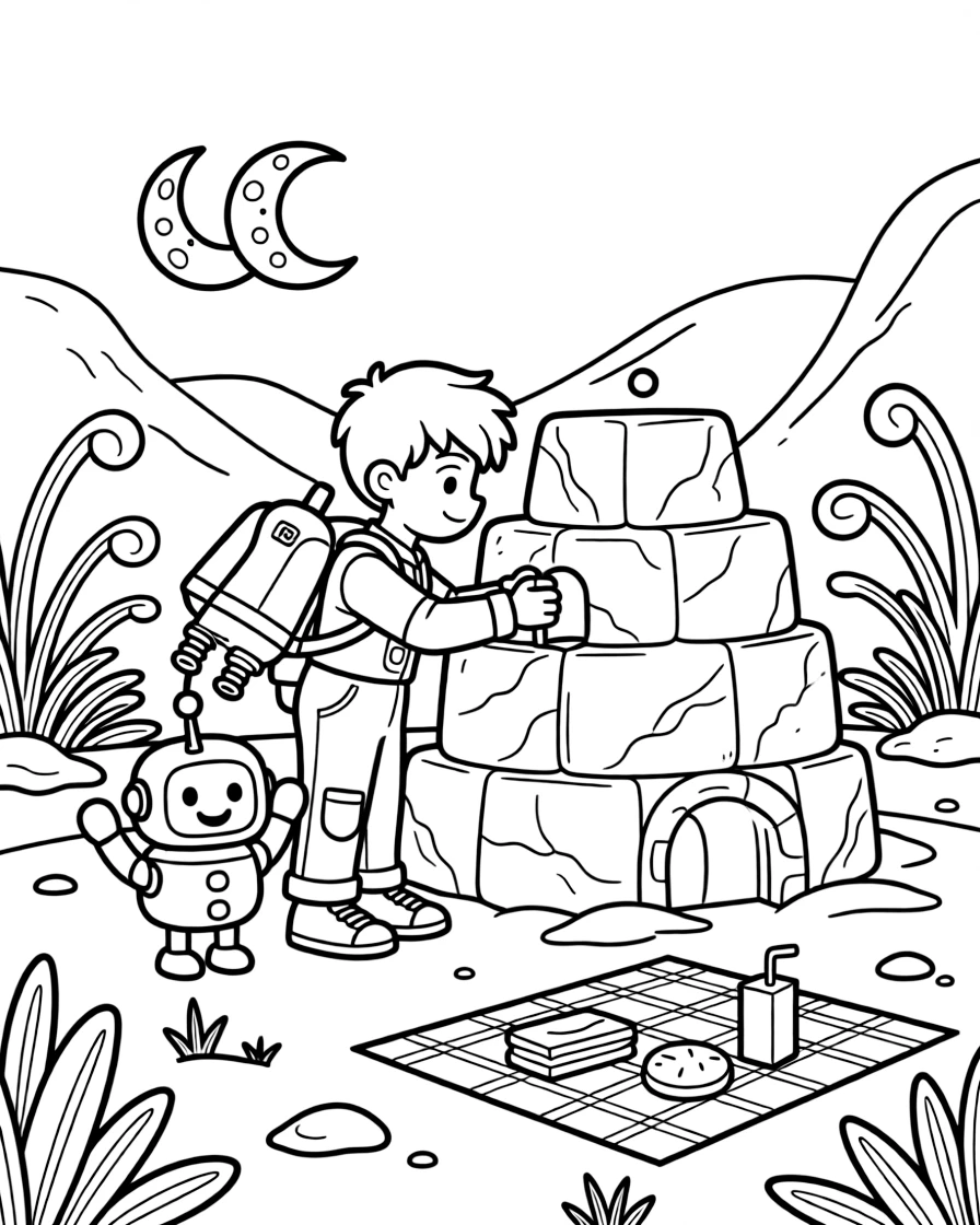 Inventor kid Radian testing a jetpack backpack building a snow fort out of frozen comet ice, in a hidden valley on a distant planet ringed by twin moons, with a small robot sidekick cheering and a picnic blanket spread with snacks under the stars nearby.