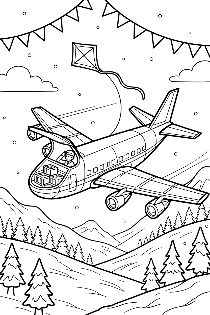 A coloring page featuring a cargo airplane with its nose open for loading crates, traveling through a snowy mountain pass with pine trees dusted in white, with a brave pilot giving a salute from the cockpit and a kite dancing in the breeze above and a string of triangle pennant flags overhead filling the scene.