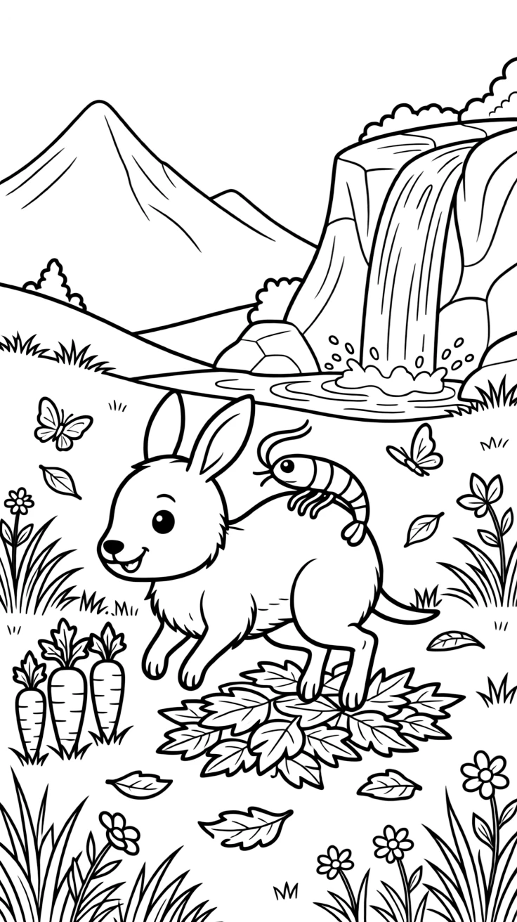 A bilby jumping in autumn leaf piles with a shrimp on a mountaintop meadow, near a row of carrots, as a gentle waterfall splashes in the background.