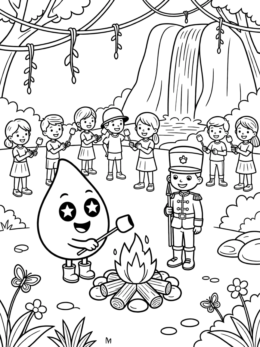 In a jungle clearing with hanging vines and waterfalls, a starry-eyed raindrop wearing tiny boots discovers the joy of roasting marshmallows over a crackling campfire, while a wind-up toy soldier standing at attention watches happily nearby. The whole neighborhood has come out to join the fun.