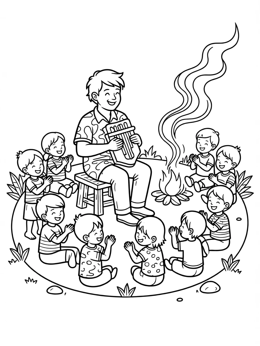 A coloring page bursting with rhythm from Zimbabwe, showing a musician playing the mbira thumb piano by a fire, with an audience of clapping children gathered around in a circle.