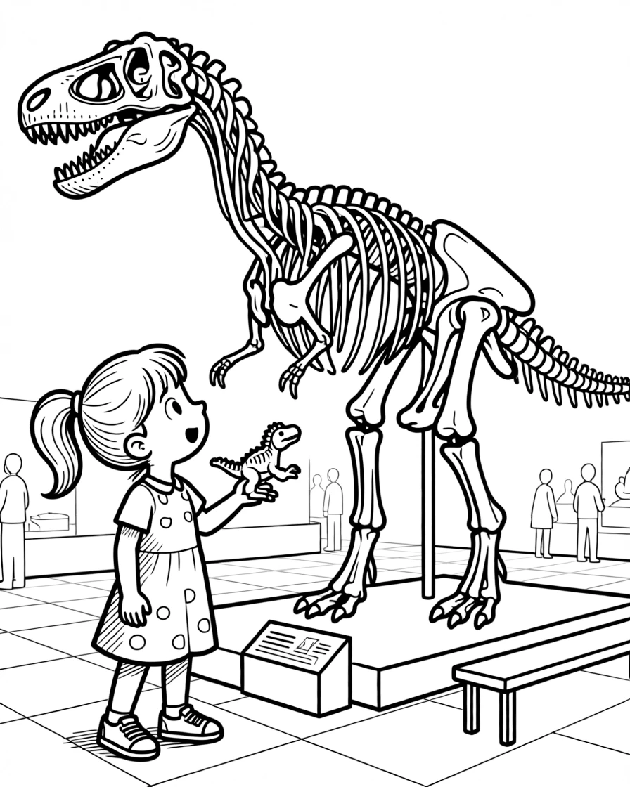 a mischievous young girl compares a tiny toy dinosaur to a life-sized skeleton replica at a museum.