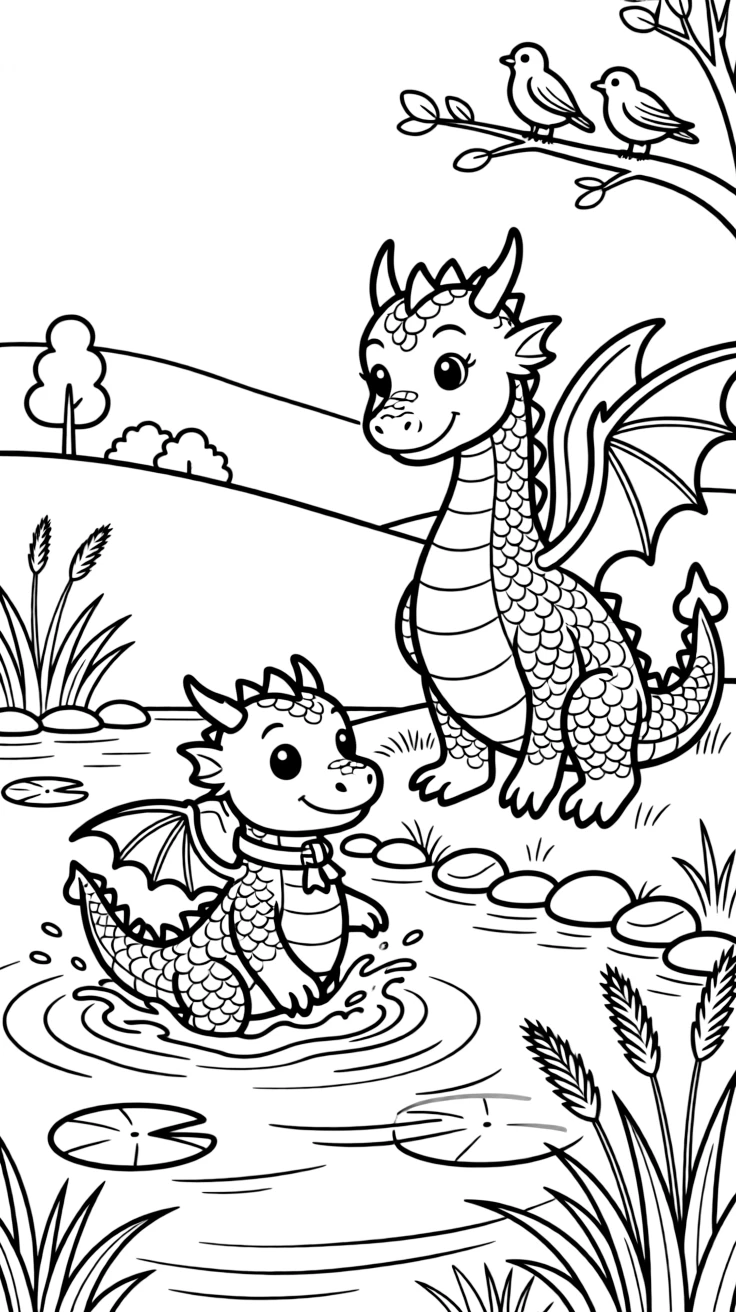 A young dragon learns to swim for the first time, splashing clumsily in a lake while its mother watches fondly.