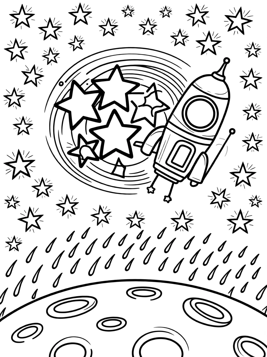 [Outer Space] a cluster of twinkling stars spinning slowly in orbit beside a distant space station. In the background, distant stars twinkle like tiny diamonds, adding extra fun to explore. Craters and rings add fun texture. It all happens under a starry night sky, with a light drizzle just ending.