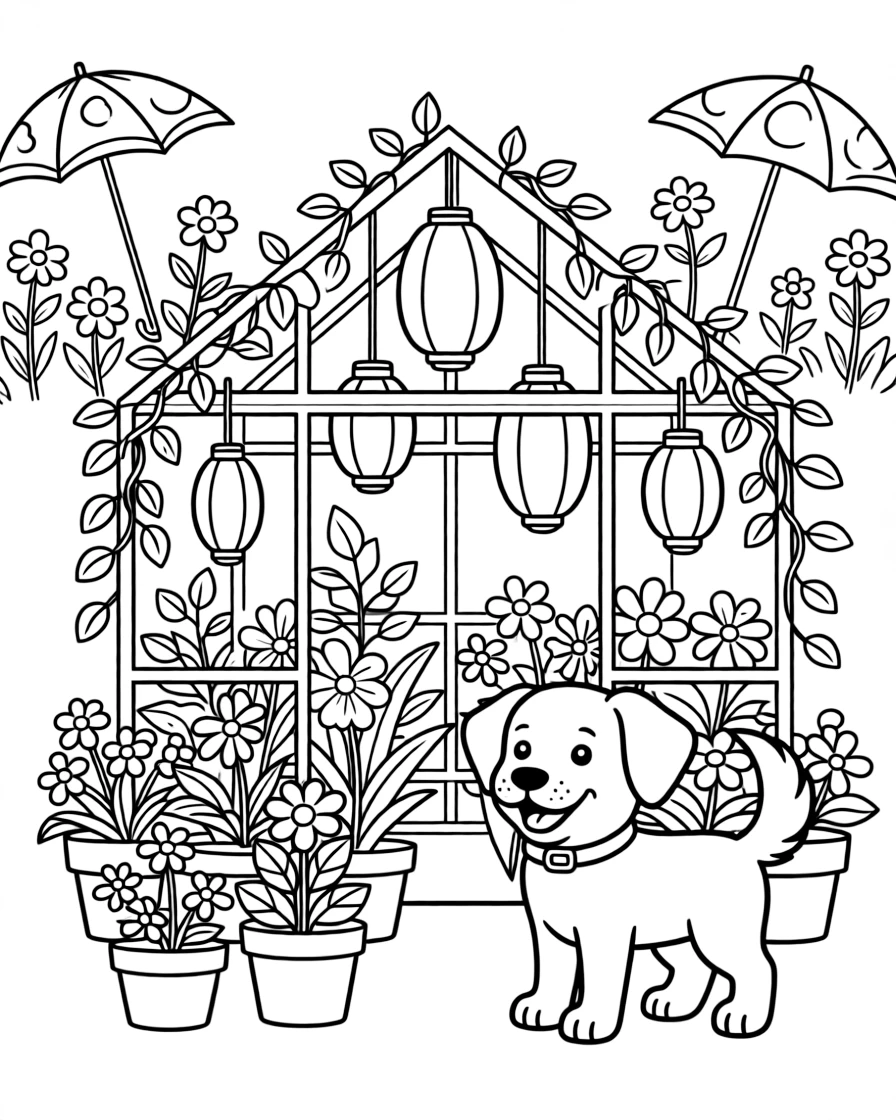 A wagging-tailed puppy is hanging paper lanterns for an evening celebration inside a greenhouse overflowing with blooming plants. In the background, a row of colorful umbrellas and wildflowers swaying gently in the wind add to the delightful moment.