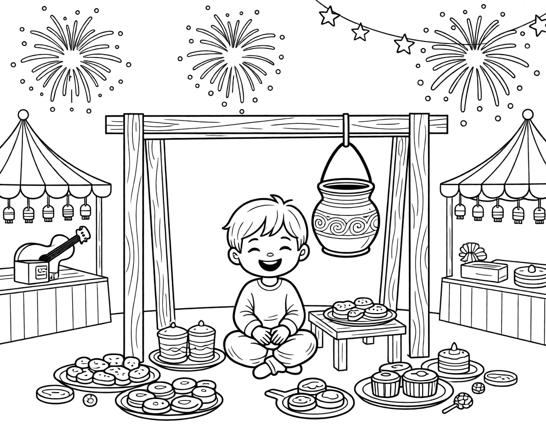 A grinning child sitting beside a small clay pot of butter hung high overhead at a fairground with games, music, and food stalls, with fireworks blooming in the night sky and a plate of traditional festive treats scattered about.